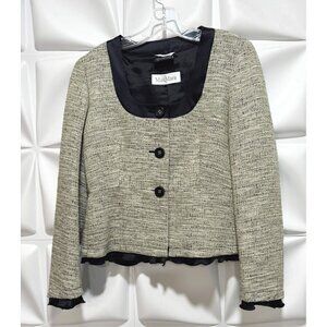 Max Mara Sz 10 Metallic Tweed Ruffle Trim Peplum Blazer Jacket Gold Black ITALY